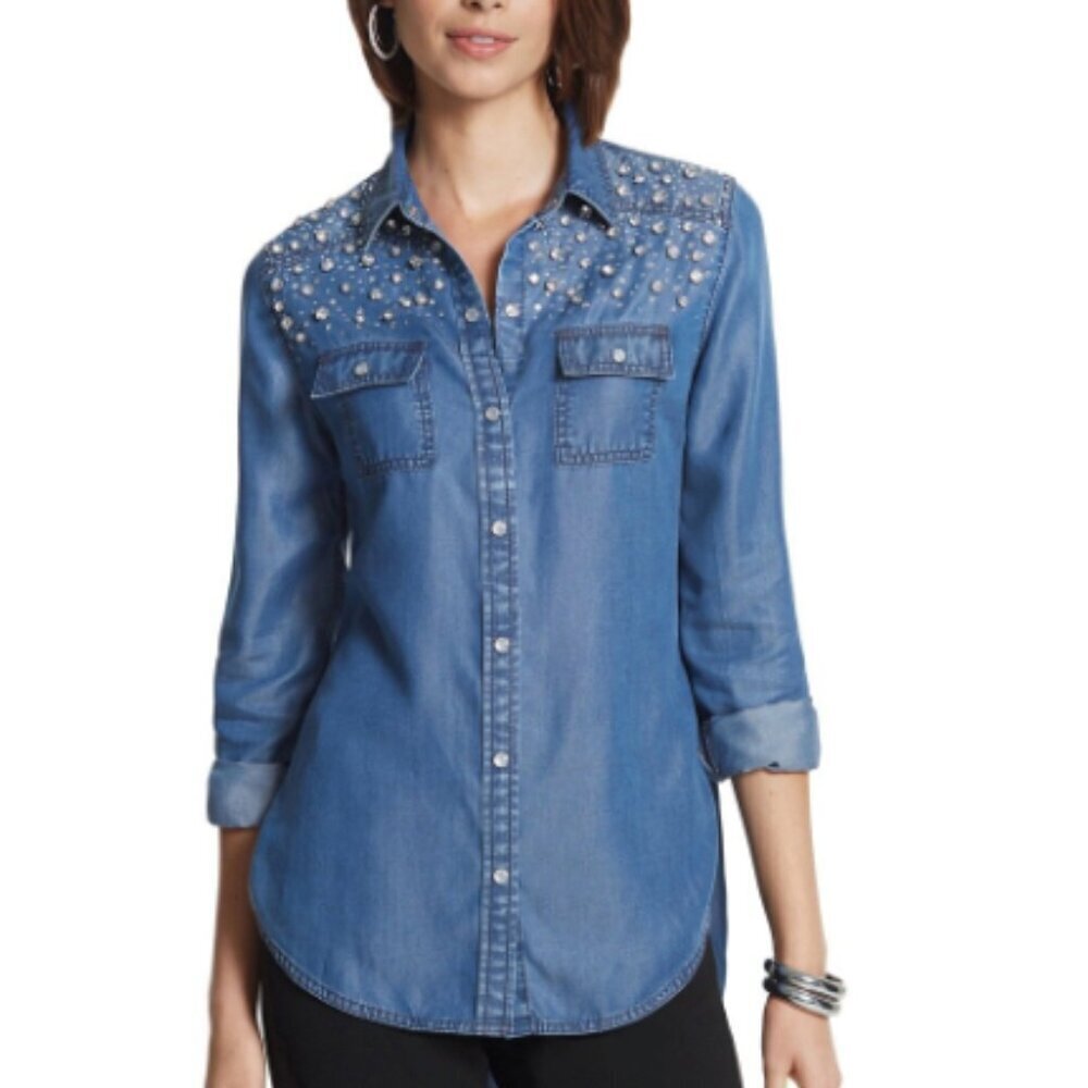 Big Dart Embellished Pearl Rhinestone Denim Shirt Hi Low Tunic Medium - Picture 3 of 10
